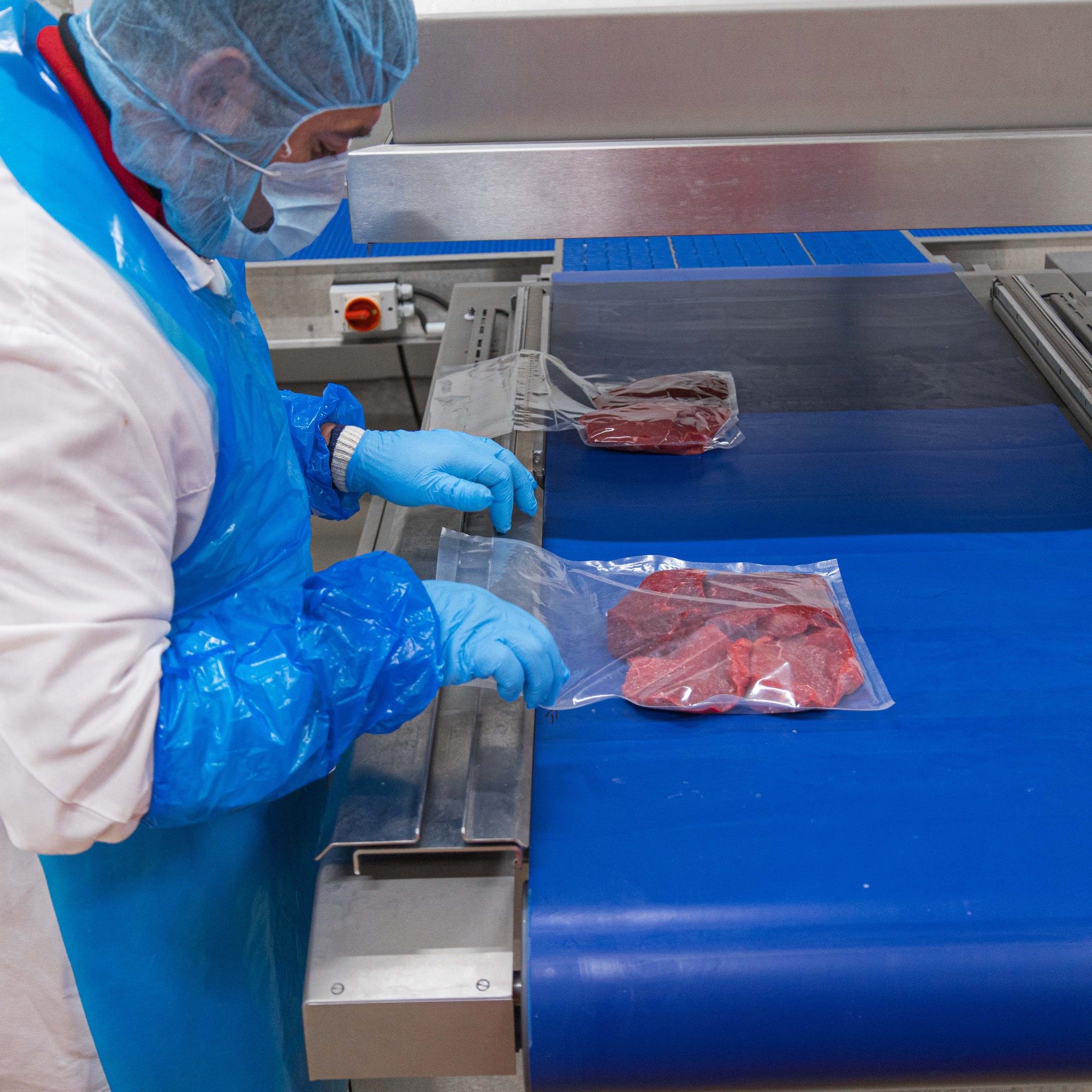 Arbeiter legt Fleisch auf Kammerbandmaschine