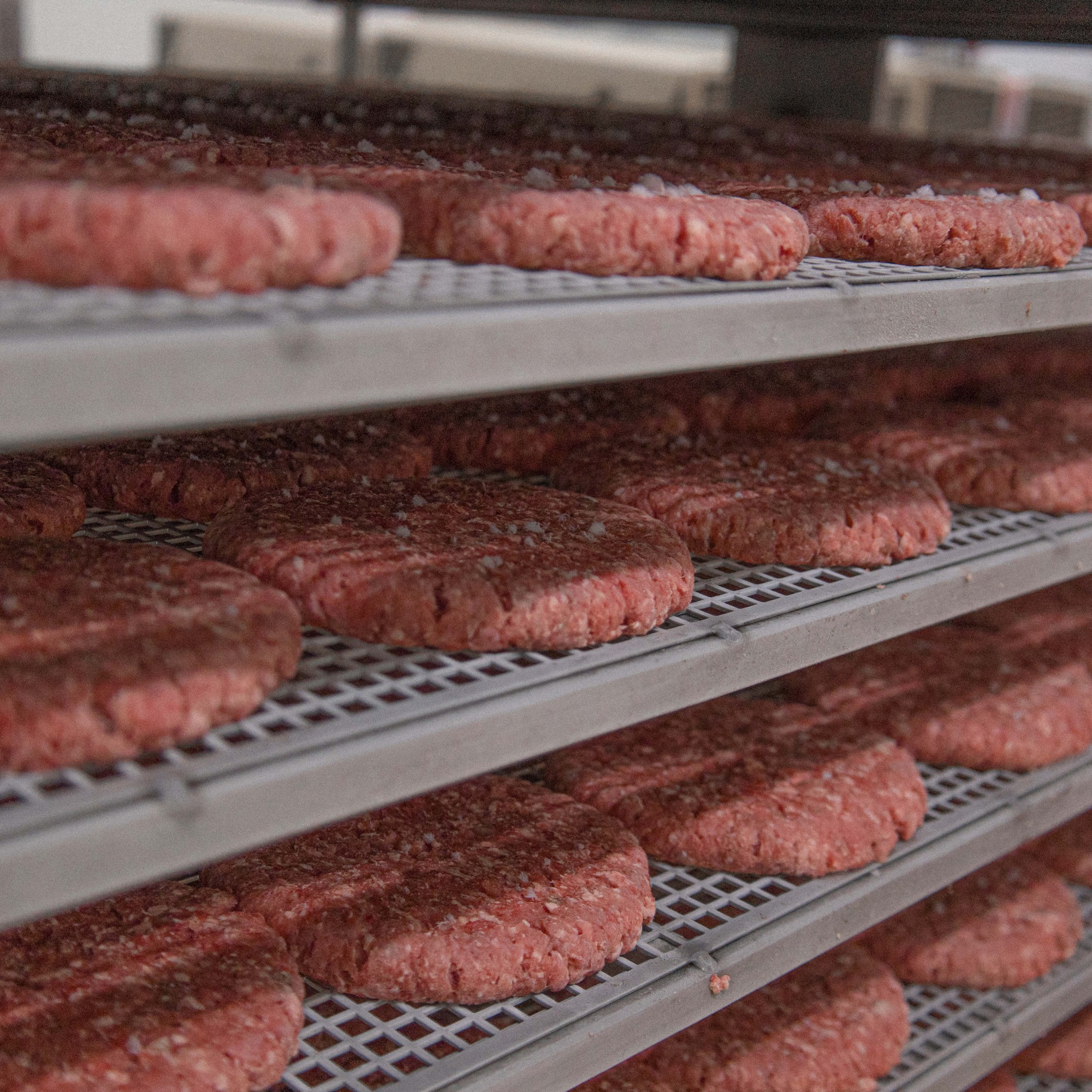 Burger Patties nebeneinander gelagert - Delikatessen für die Gastronomie